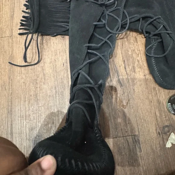 Minnetonka Black Suede Fringe Knee-High Boots - Picture 4 of 7